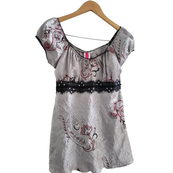 Heart and Soul Silver Y2k babydoll top purple embroidery size Medium Milkmaid - Picture 1 of 5